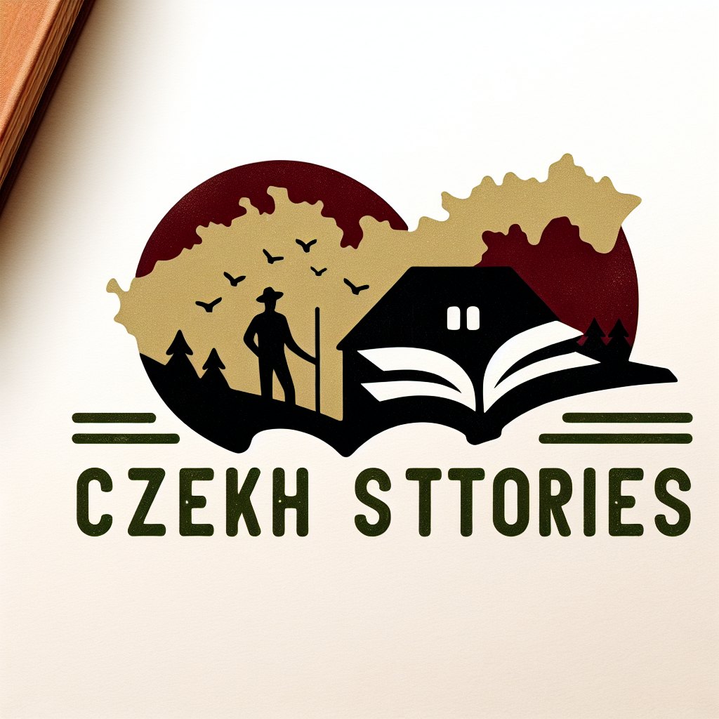 Logo pro portál „Czech Stories“ zaměřený na české příběhy. Styl: přívětivý, vyprávěcí, lehce retro nebo ilustrativní. Prvky: silueta mapy Česka, otevřená kniha, ilustrace postavy nebo domku, kombinace teplých tónů (béžová, tmavě červená, zelenkavá). Font jemný, čitelný, s osobitým rukopisem.